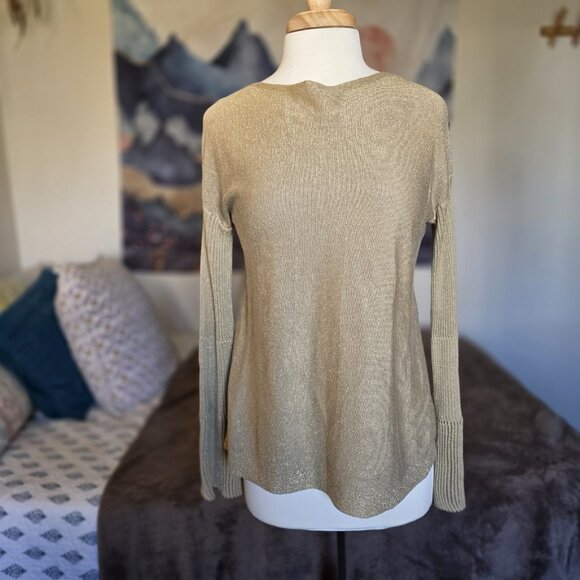 Vince Camuto Gold Metallic Lurex Sweater Women Sz S Ribbed Bell Sleeve Boat Neck - Picture 10 of 15